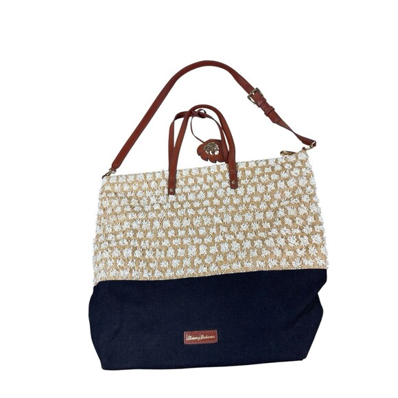 Tommy Bahama Tan Black Woven Tote Bag Brown Strap Large Shoulder Purse Beachy - Picture 1 of 16